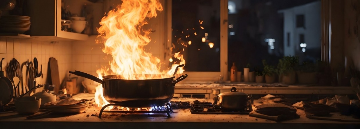 Brand in een pan in de keuken