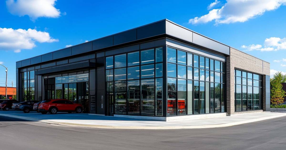 Auto showroom met veel glazen ramen op de achtergrond een blauwe lucht met wolken